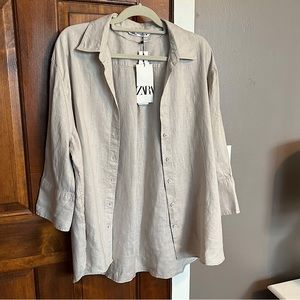 Zara 100% Linen 3/4 sleeve shirt with button up front- NEW with tags!